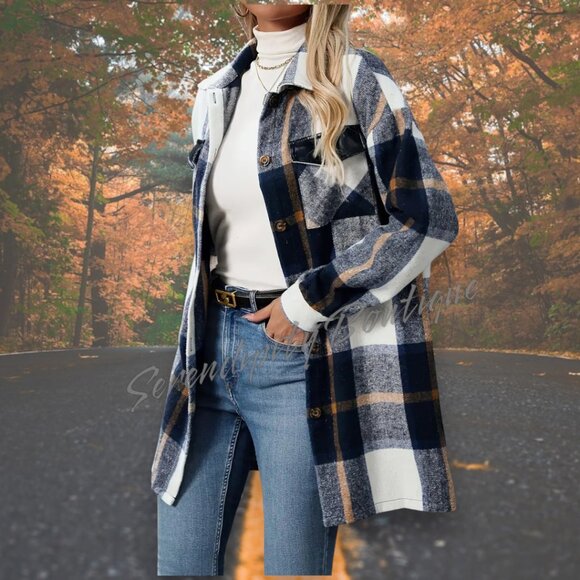 Effortless Style Navy Blue Plaid Sleek Button Up Women's Long Flannel Pea Coat - Picture 1 of 10